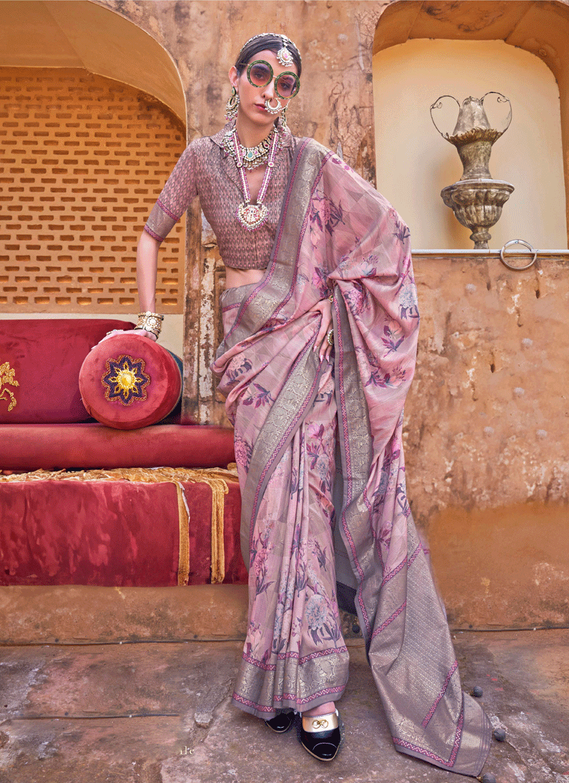 Dusty Pink Floral Printed Designer Silk Saree