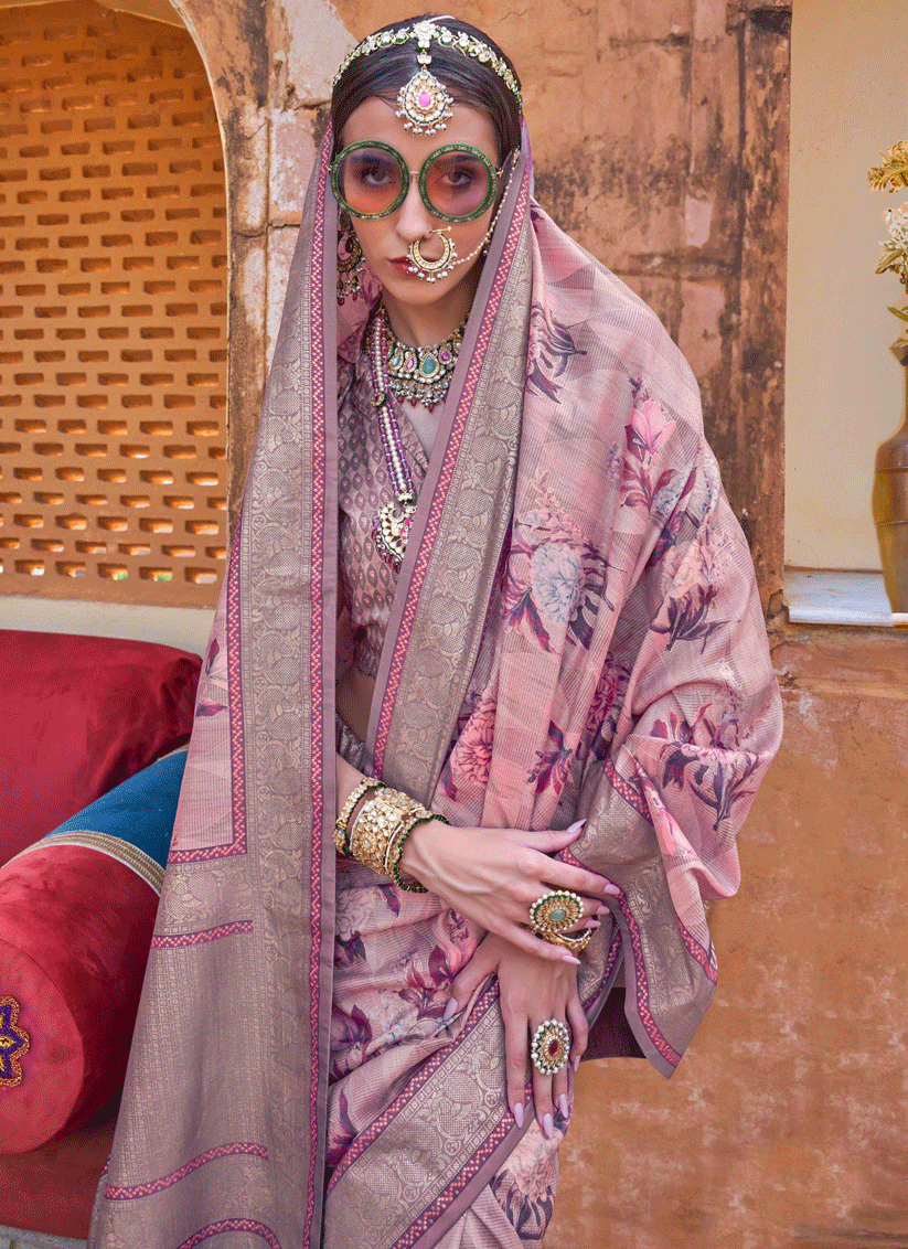 Dusty Pink Floral Printed Designer Silk Saree