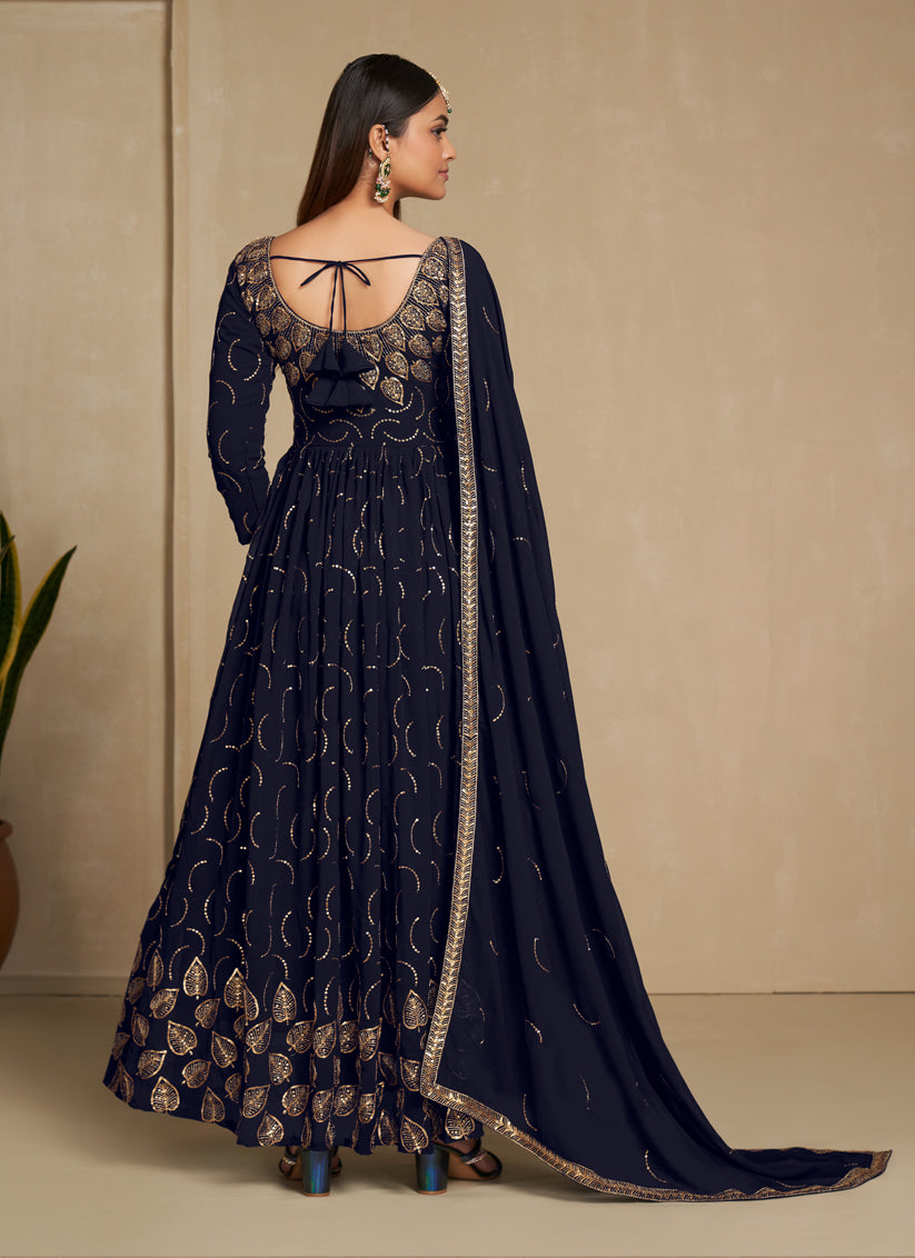 Navy Blue Faux Georgette Gown with Dupatta