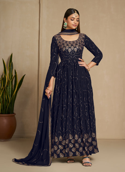 Navy Blue Faux Georgette Gown with Dupatta