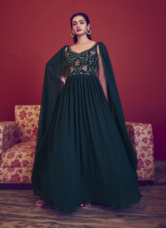 Peacock Blue Georgette Embroidered Gown with Dupatta