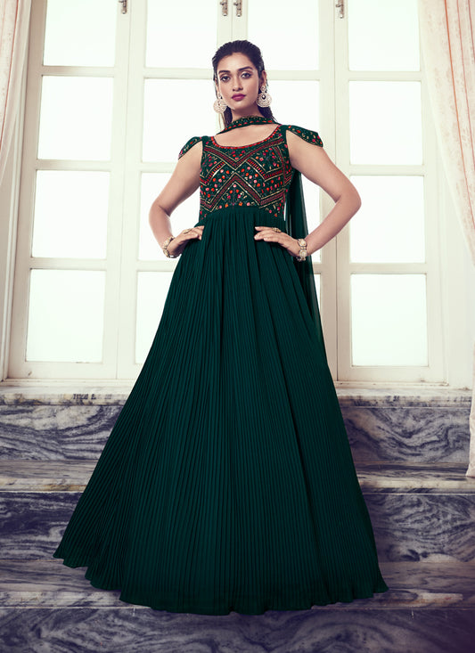 Peacock Green Georgette Embroidered Gown with Dupatta
