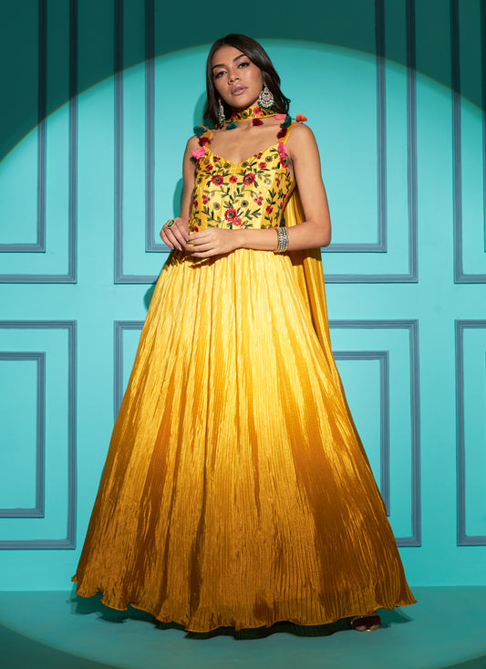 Yellow Chinon Embroidered Gown with Dupatta