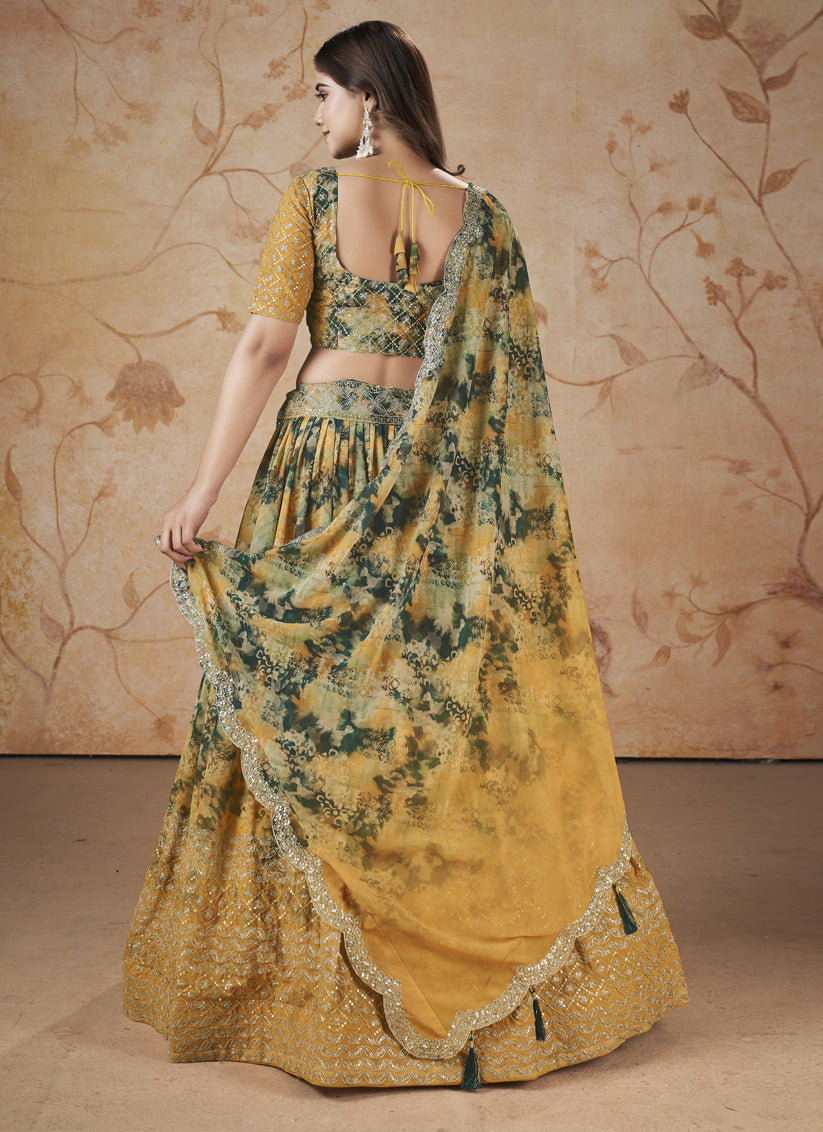 Mustard Faux Georgette Embroidered Lehenga Choli