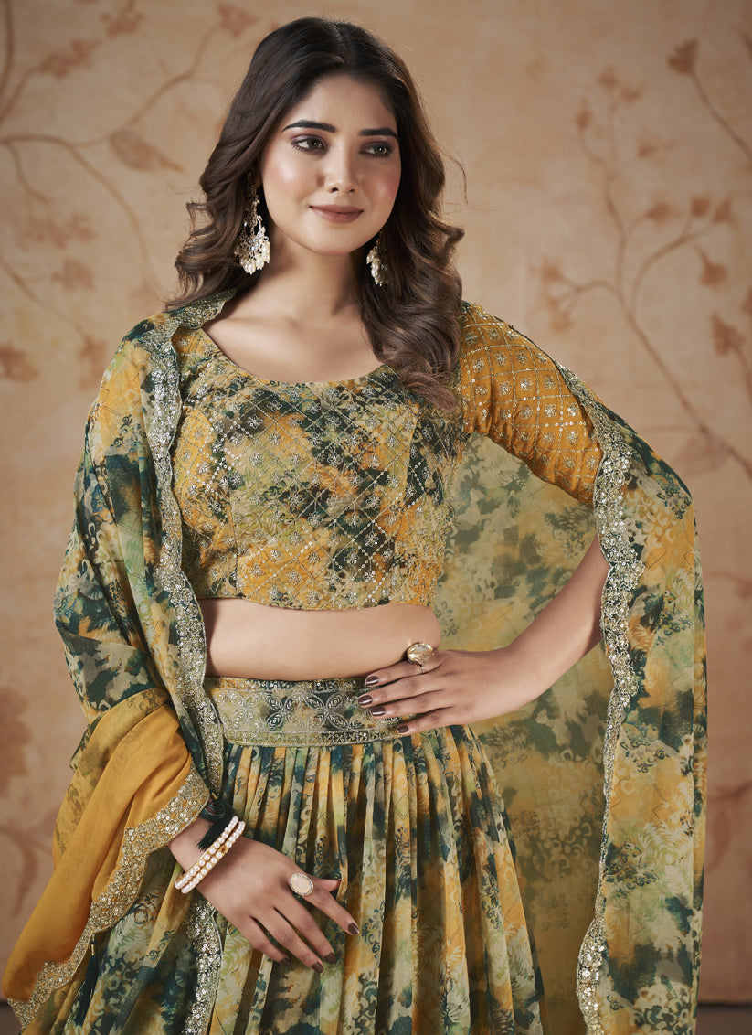 Mustard Faux Georgette Embroidered Lehenga Choli