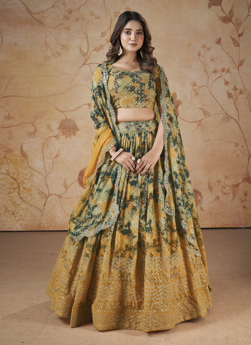 Mustard Faux Georgette Embroidered Lehenga Choli