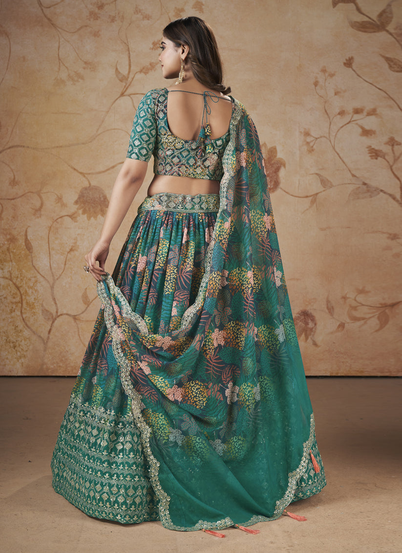 Rama Green Faux Georgette Embroidered Lehenga Choli