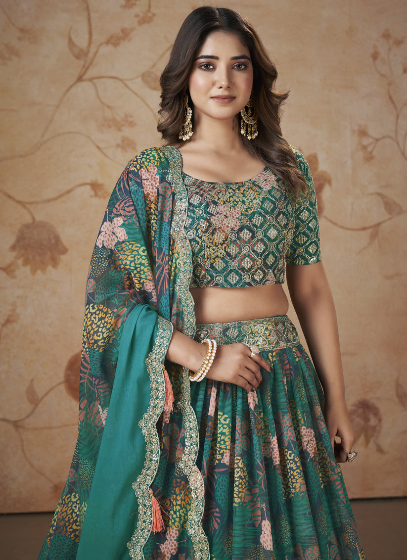 Rama Green Faux Georgette Embroidered Lehenga Choli