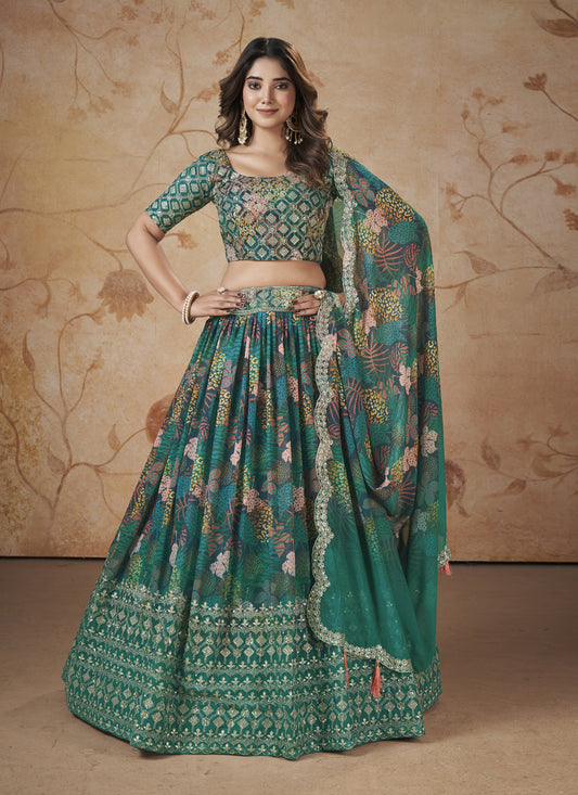 Rama Green Faux Georgette Embroidered Lehenga Choli