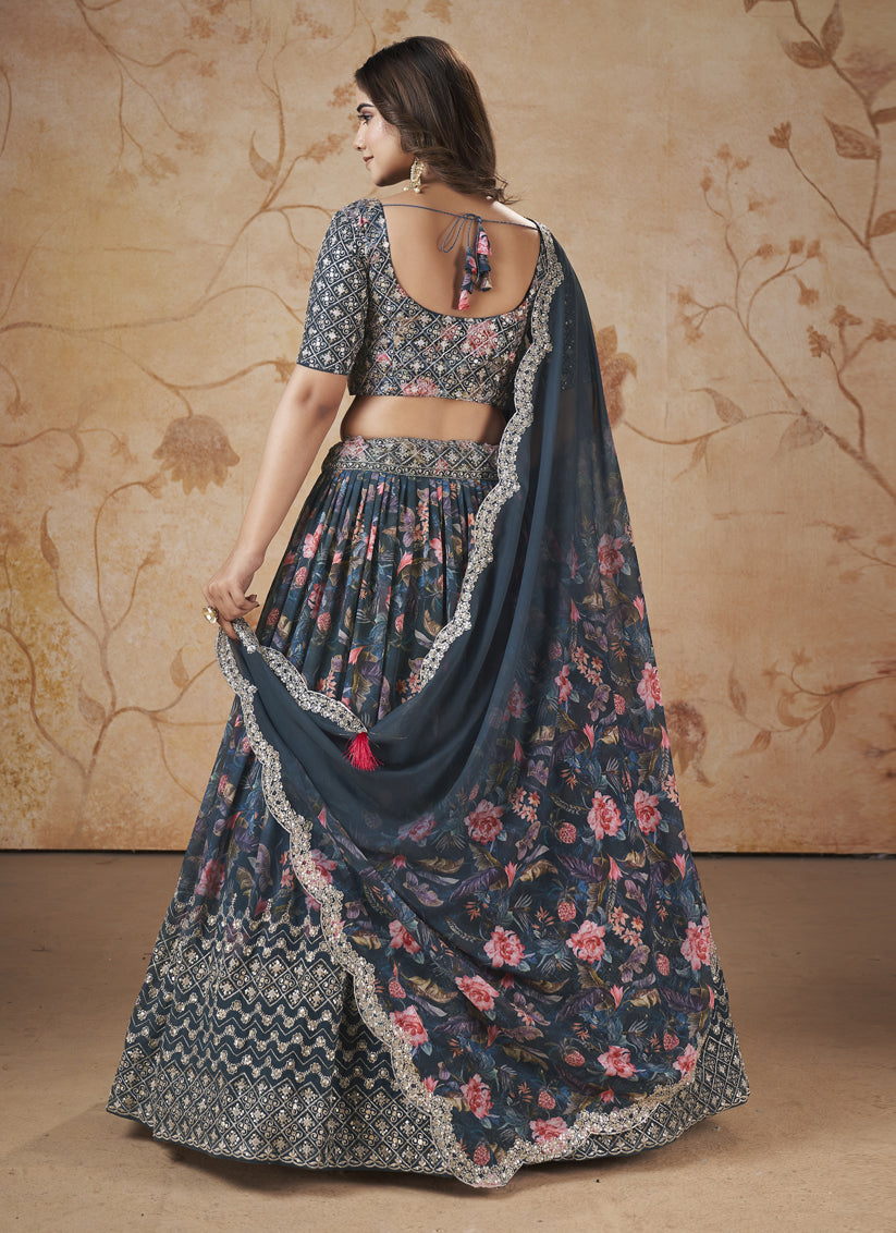 Charcoal Grey Faux Georgette Embroidered Lehenga Choli