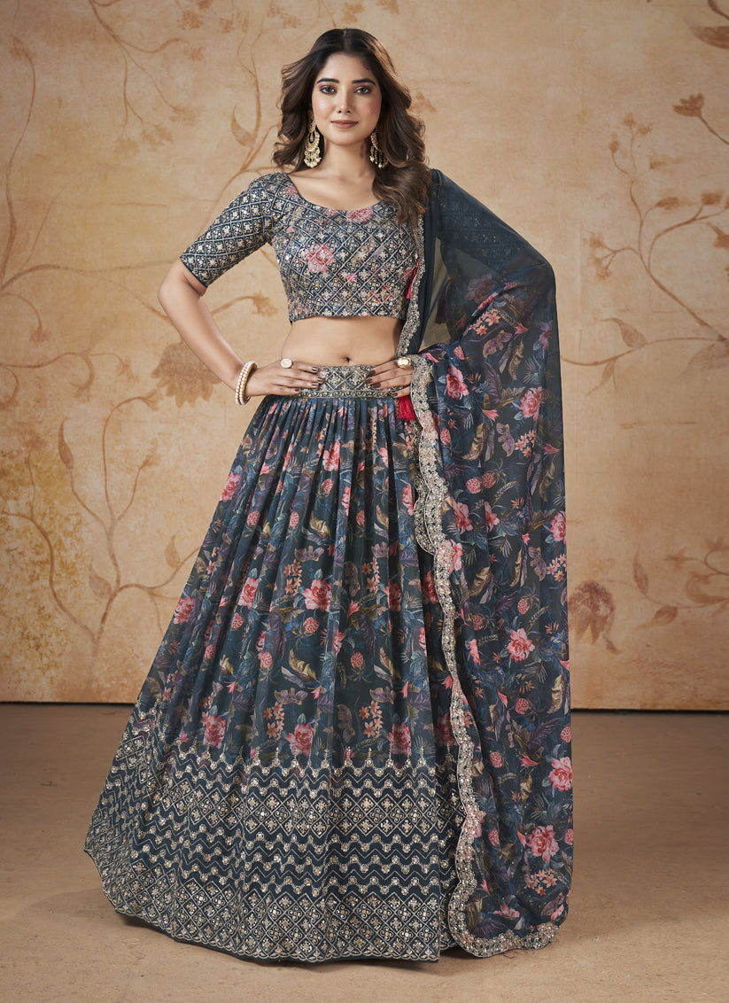 Charcoal Grey Faux Georgette Embroidered Lehenga Choli