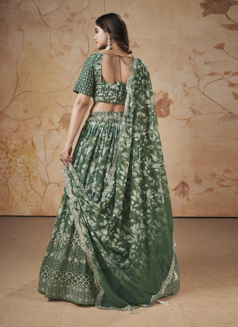 Moss Green Faux Georgette Embroidered Lehenga Choli