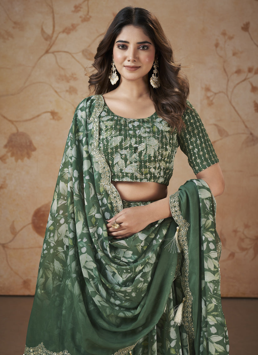 Moss Green Faux Georgette Embroidered Lehenga Choli