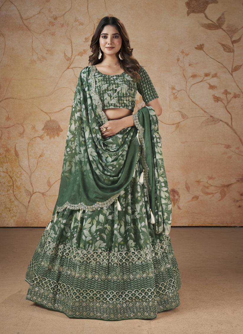 Moss Green Faux Georgette Embroidered Lehenga Choli