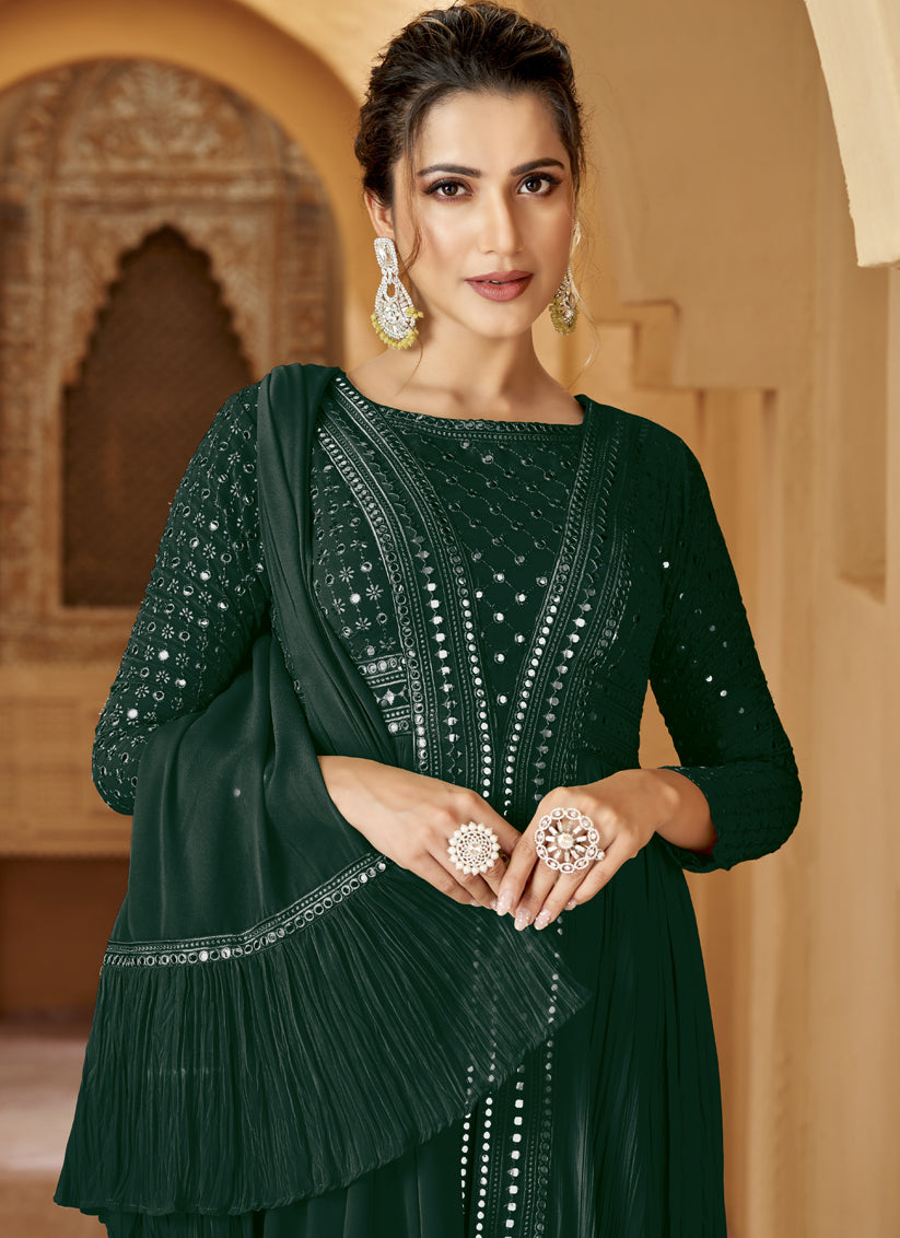 Pine Green Crushed Georgette Lucknowi Work Suit