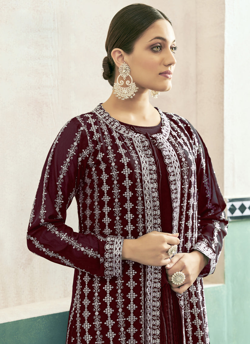 Maroon Georgette Anarkali with Embroidered Jacket