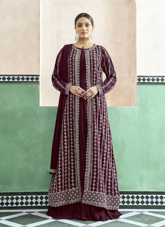 Maroon Georgette Anarkali with Embroidered Jacket