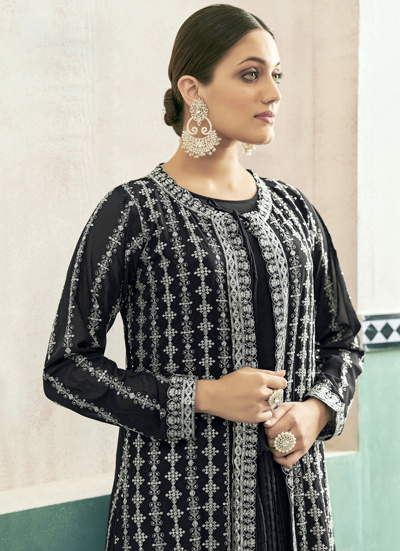 Black Georgette Anarkali with Embroidered Jacket