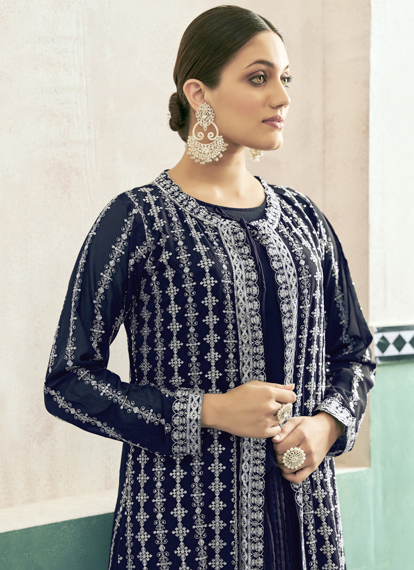 Midnight Blue Georgette Anarkali with Embroidered Jacket