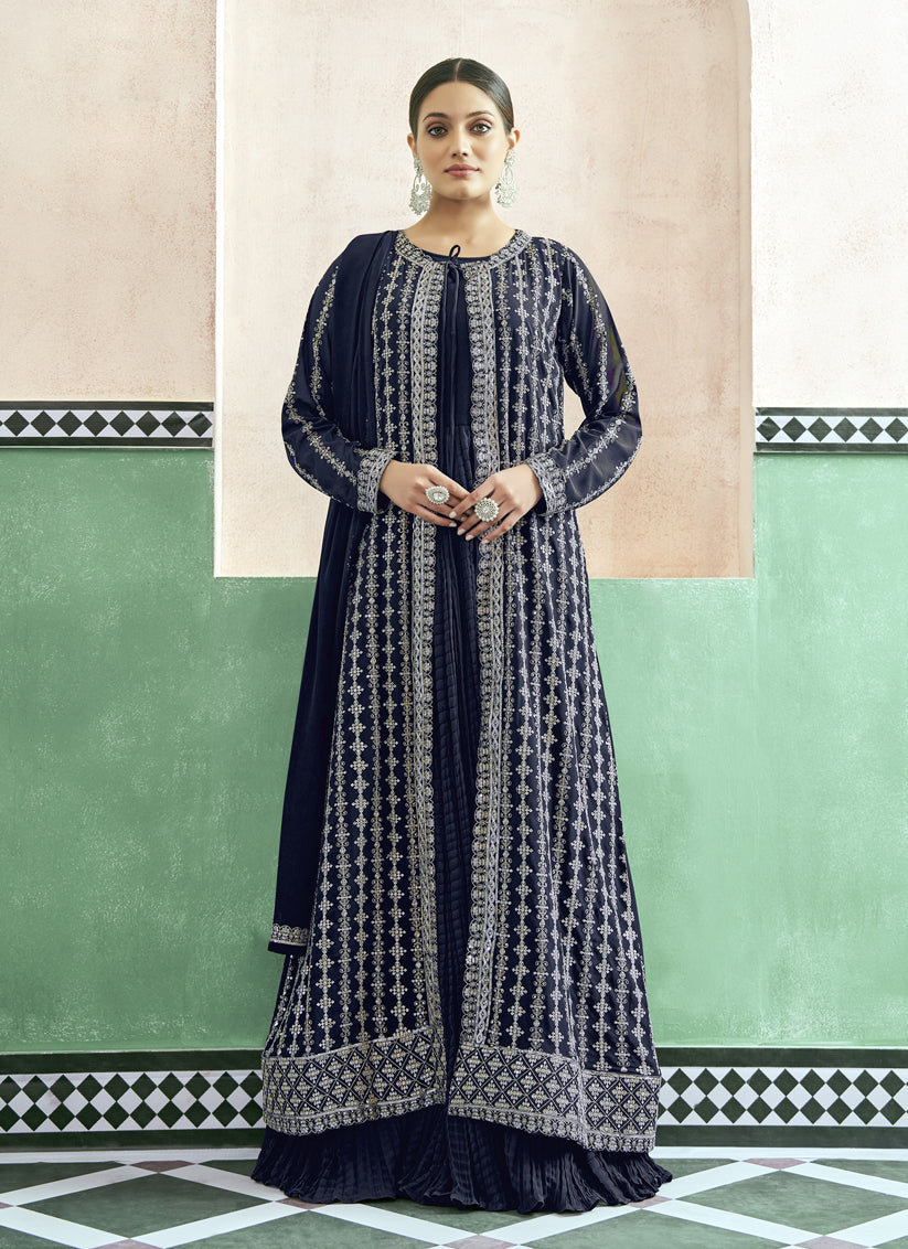 Midnight Blue Georgette Anarkali with Embroidered Jacket