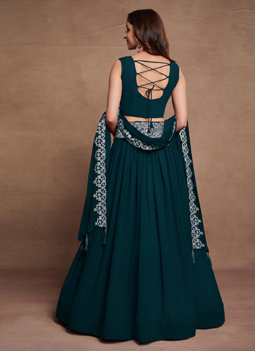 Peacock Blue Georgette Lehenga with Embroidered Choli