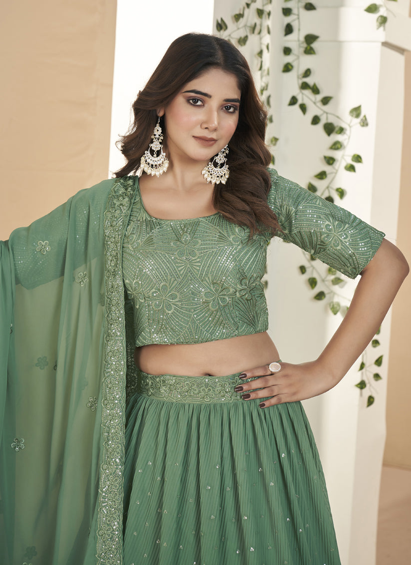 Fern Green Faux Georgette Lehenga Choli Set