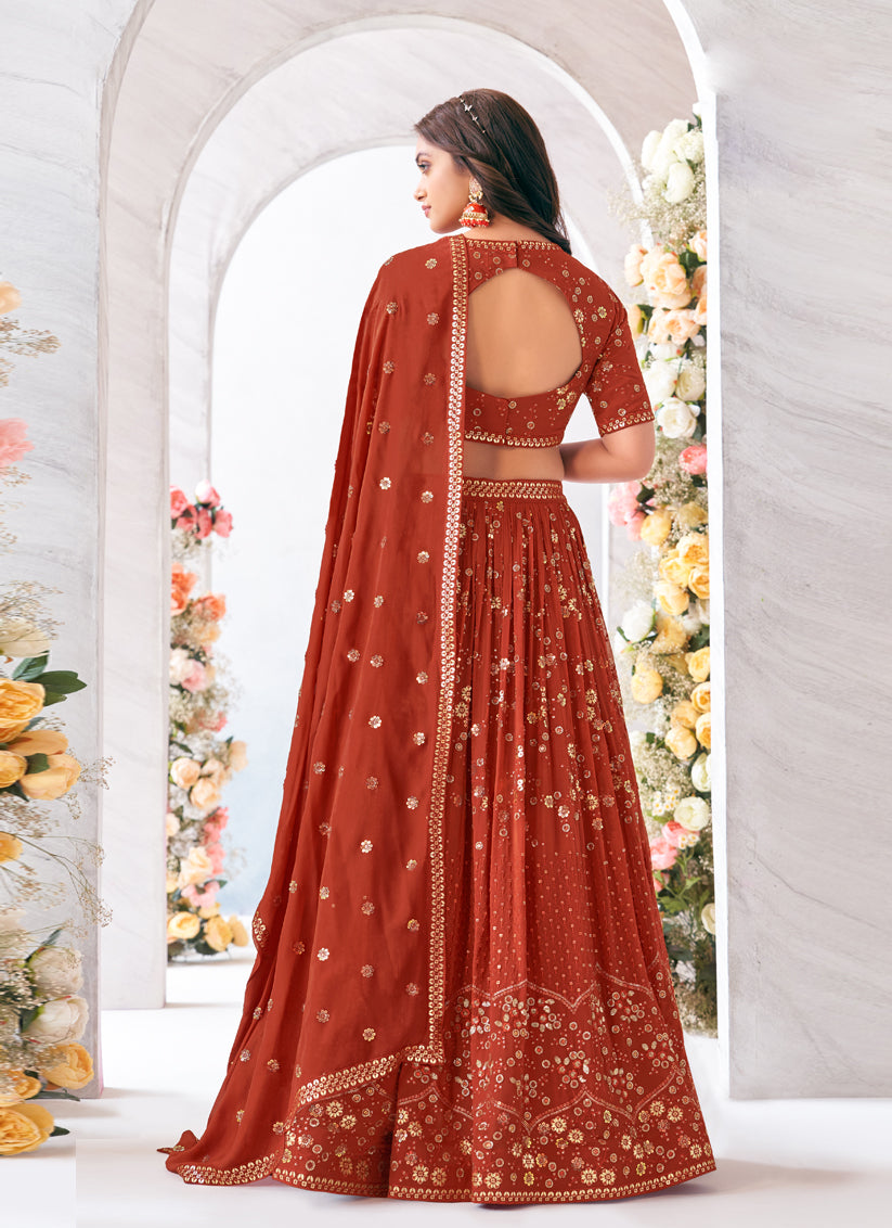 Rust Red Heavy Designer Lehenga Choli Set