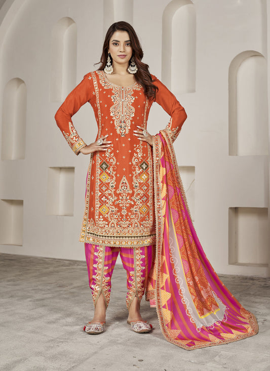 Tangerine Chinnon Embellished Designer Dhoti Salwar Kameez