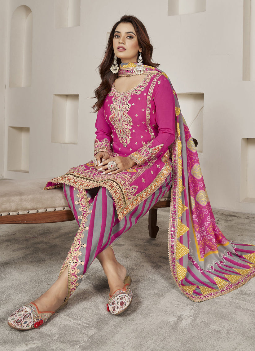 Rani Pink Chinnon Embellished Designer Dhoti Salwar Kameez