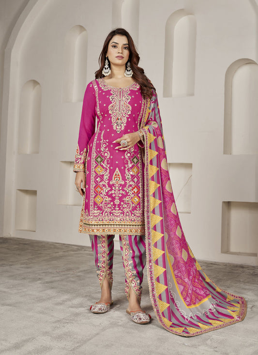 Rani Pink Chinnon Embellished Designer Dhoti Salwar Kameez
