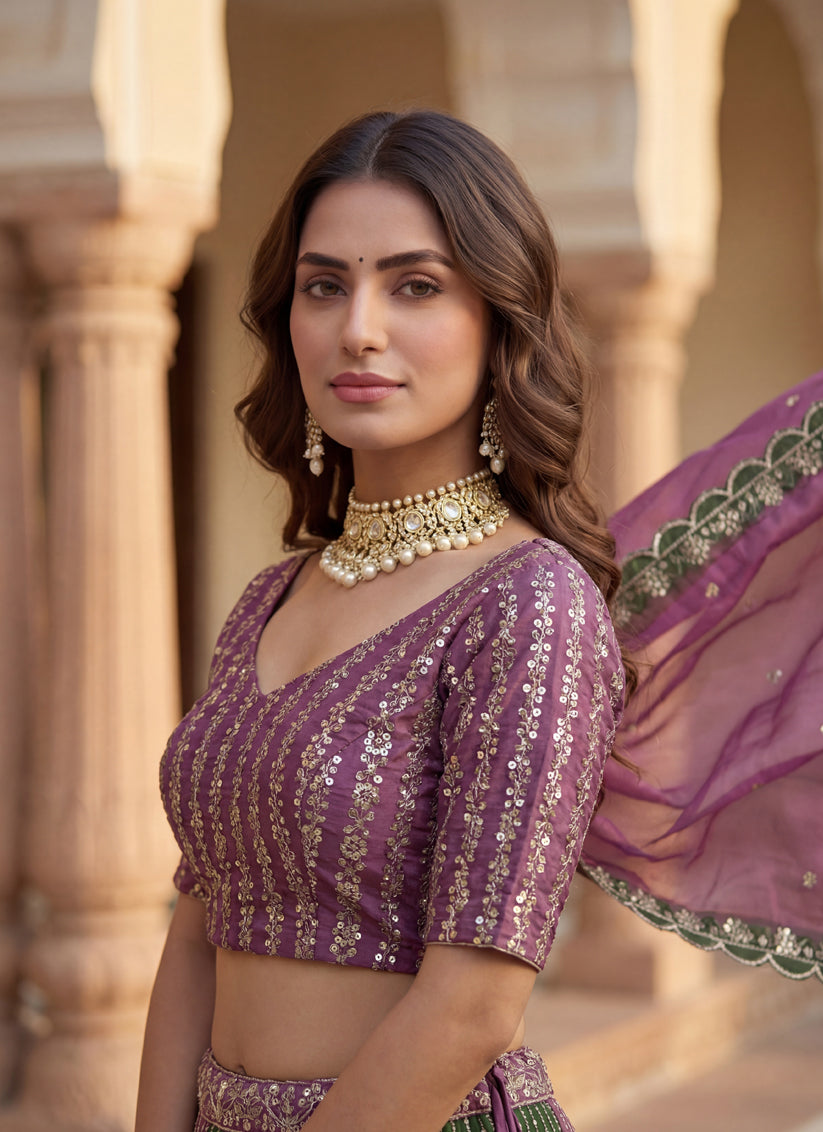 Purple & Dark Green Embroidered Chinon Silk Lehenga – Elegant Design