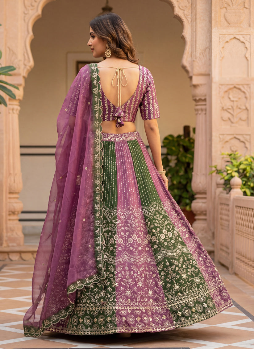 Purple & Dark Green Embroidered Chinon Silk Lehenga – Elegant Design