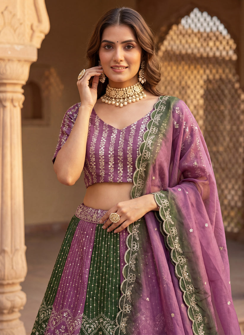 Purple & Dark Green Embroidered Chinon Silk Lehenga – Elegant Design