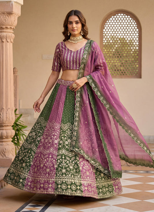 Purple & Dark Green Embroidered Chinon Silk Lehenga – Elegant Design