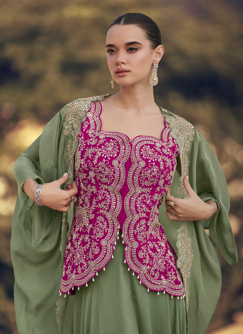 Sage Green Chinon Silk Indo-Western Jacket & Palazzo Set with Embroidery