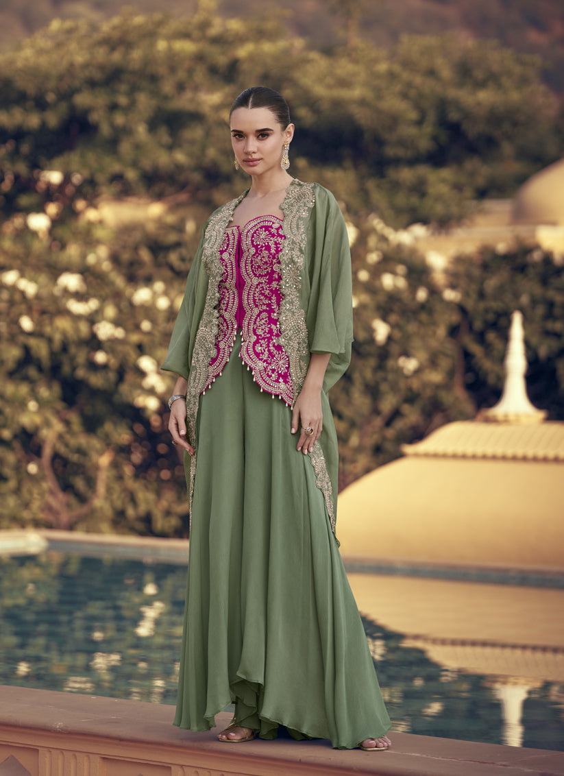 Sage Green Chinon Silk Indo-Western Jacket & Palazzo Set with Embroidery