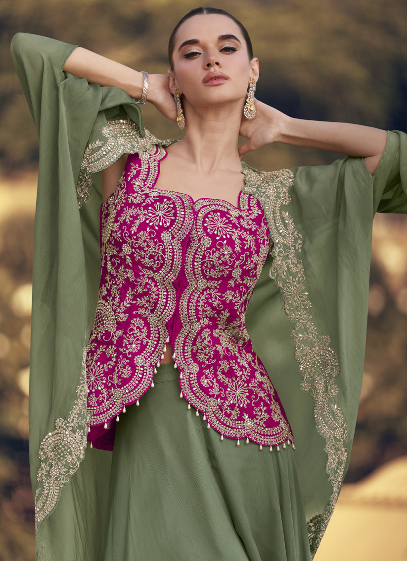 Sage Green Chinon Silk Indo-Western Jacket & Palazzo Set with Embroidery
