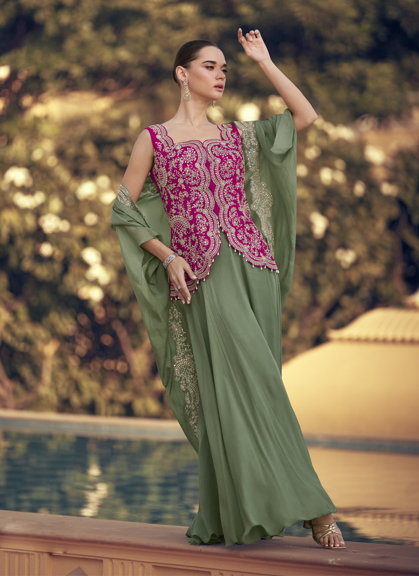 Sage Green Chinon Silk Indo-Western Jacket & Palazzo Set with Embroidery