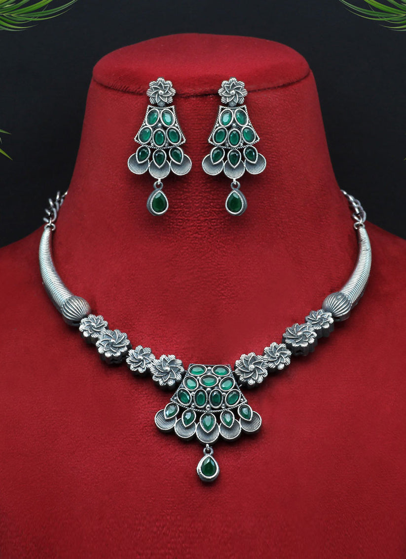 Green Monalisa Stone Premium Oxidised Necklace Set