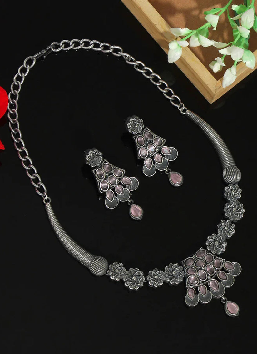 Pink Monalisa Stone Premium Oxidised Necklace Set