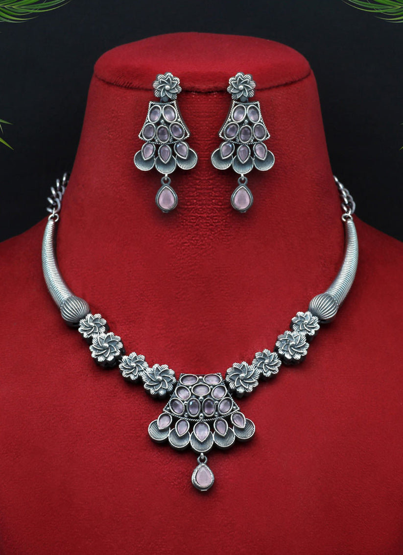 Pink Monalisa Stone Premium Oxidised Necklace Set