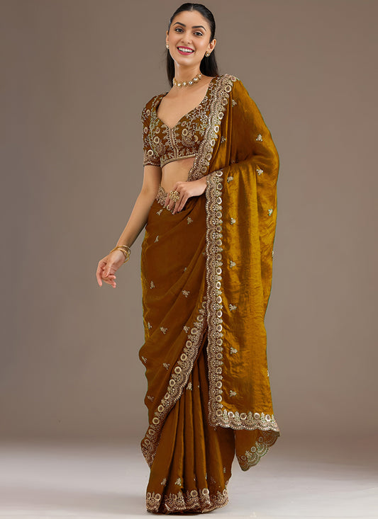 Mustard  Designer Tissue Saree with Embroidery and Sequin Work