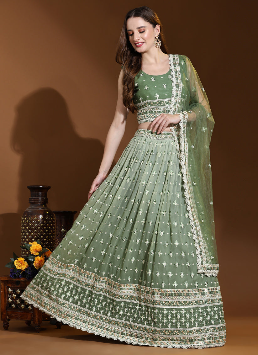 Sage Green Pure Viscose Georgette Readymade Lehenga Choli