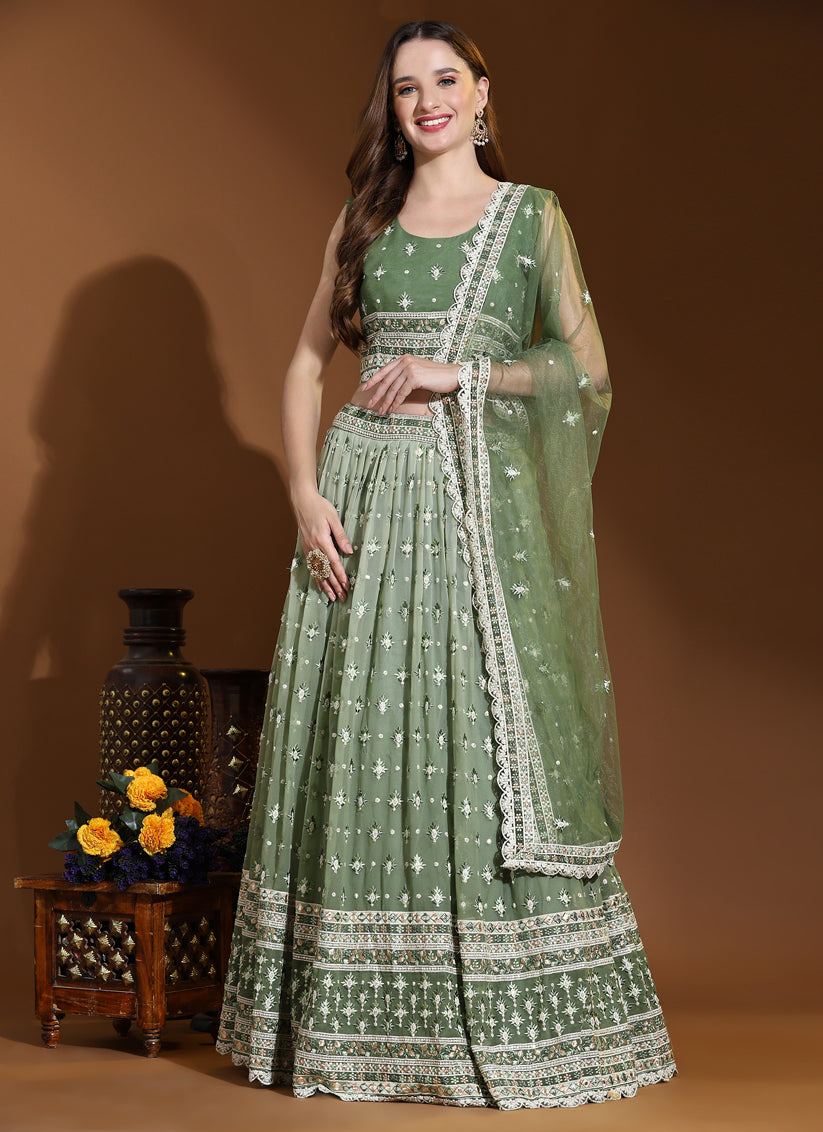 Sage Green Pure Viscose Georgette Readymade Lehenga Choli