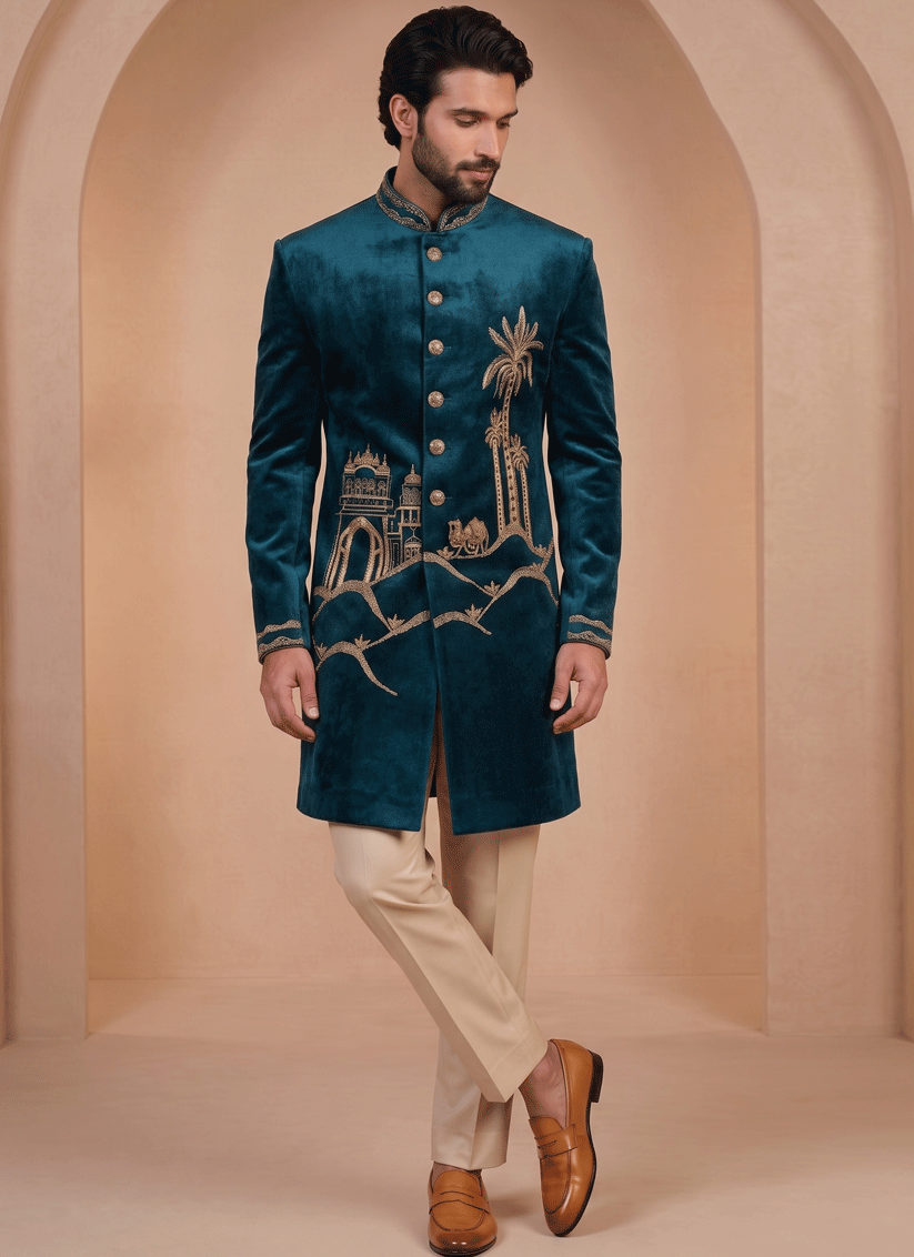 Peacock Blue Velvet Ready Made Indo Western
