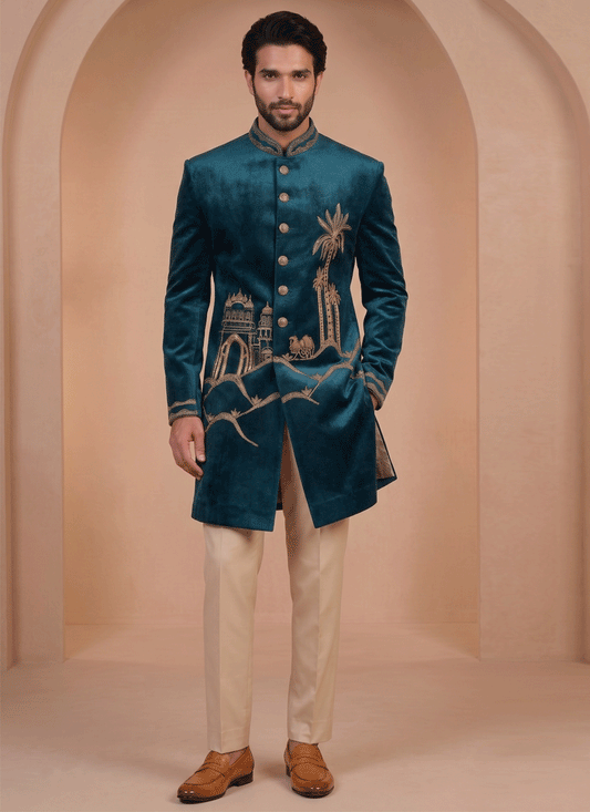 Peacock Blue Velvet Ready Made Indo Western