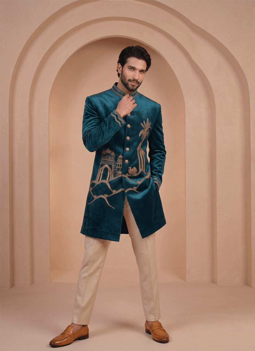Peacock Blue Velvet Ready Made Indo Western