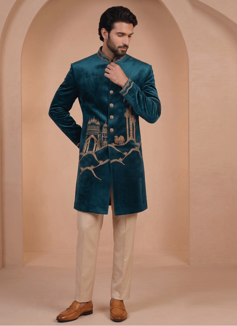 Peacock Blue Velvet Ready Made Indo Western