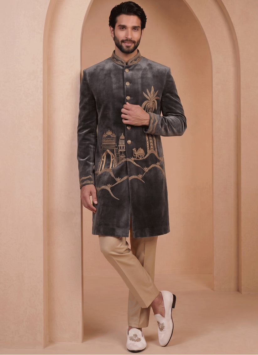 Slate Grey Velvet Ready Made Indo Western
