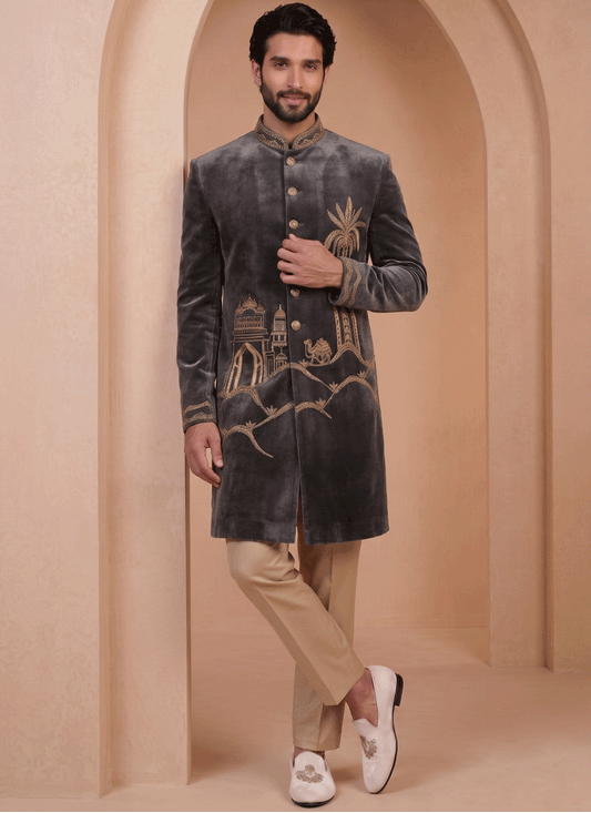 Slate Grey Velvet Ready Made Indo Western
